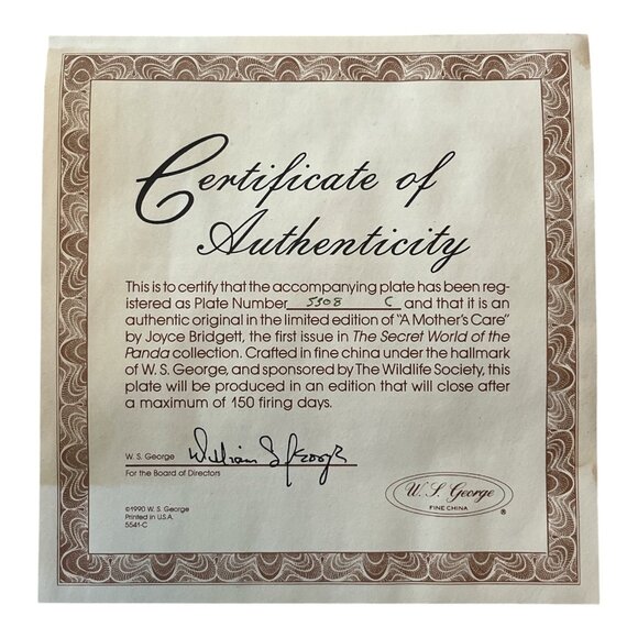 VTG 1990 Joyce Bridgett Panda Collector Plate “A Mother’s Care” W\.S. George w/C - Picture 3 of 8